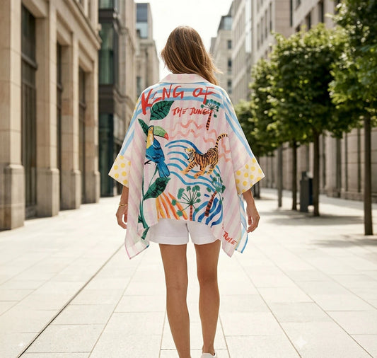 Camisa oversized con diseño de jungla, tucanes y rayas pastel. Estilo artístico y vibrante, ideal para un look resort único. ¡Consíguela en Badhabitsx!