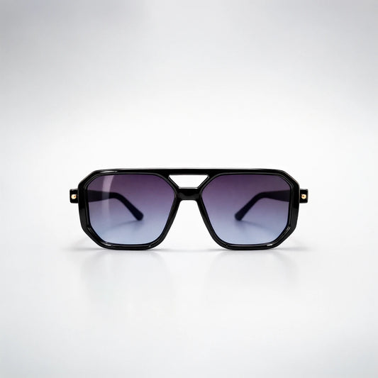 Gafas de sol de estilo aviador geométrico Miami Beach con montura gruesa negra y lentes en degradado violeta azul.