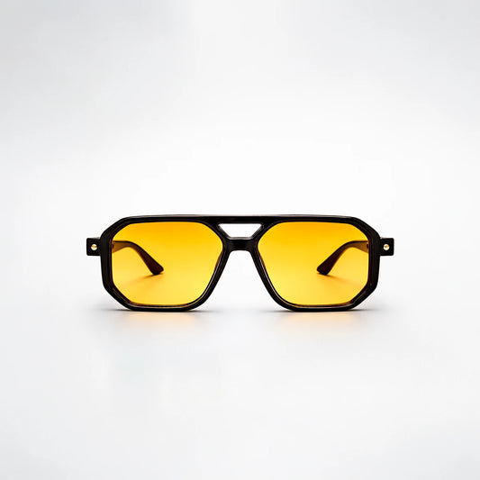Gafas de sol de estilo aviador geométrico Miami Sunset con montura gruesa negra y lentes amarillo naranja.