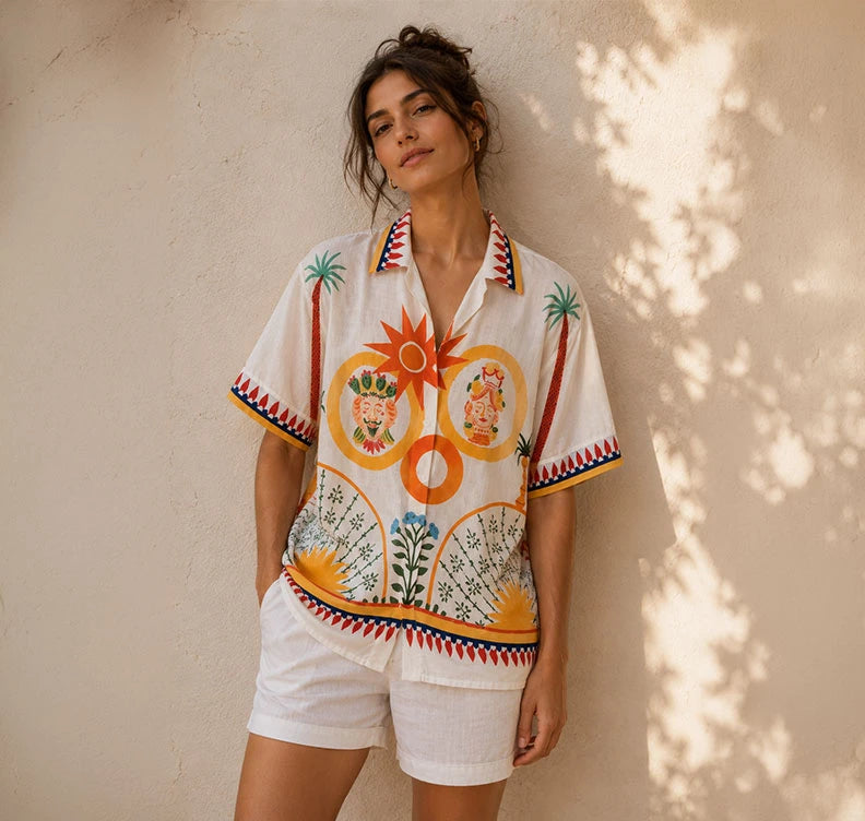 Camisa con arte mediterráneo, soles ilustrados y motivos de cerámica siciliana. Un diseño sofisticado, artesanal y con estilo vintage europeo. ¡Cómprala en Badhabitsx!
