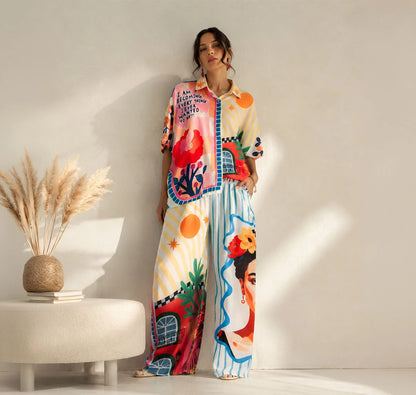 Set oversized estilo bohemio con flores, retratos artísticos y tonos vibrantes. Una pieza única de arte para llevar. ¡Descúbrelo en Badhabitsx!