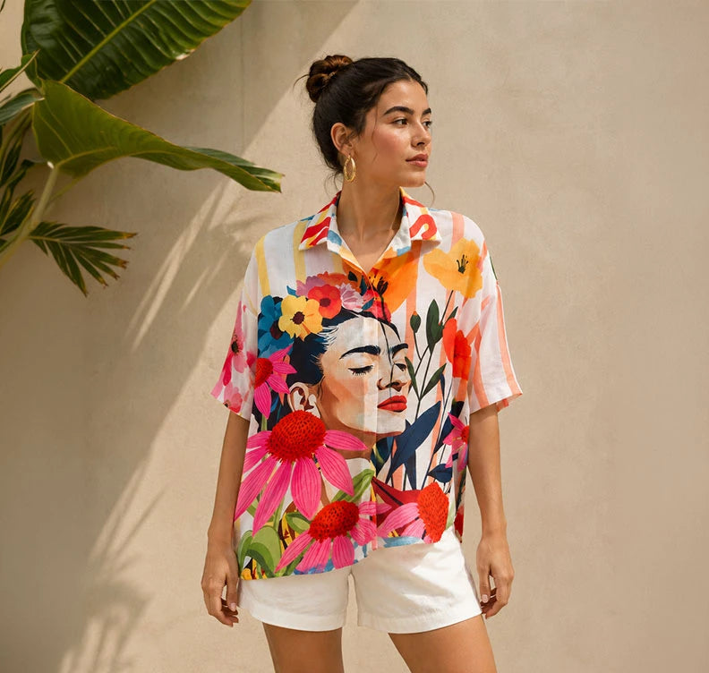 Camisa oversized con estampado botánico, arte inspirado en Frida Kahlo y vibrantes colores de verano. Una pieza única, artística y solar. ¡Consíguela en Badhabitsx!