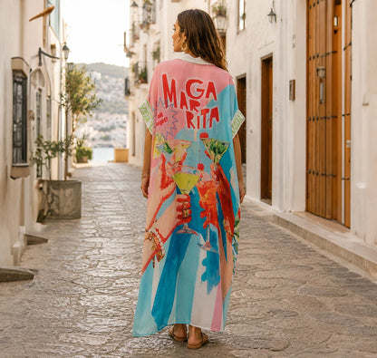 Vestido oversized lleno de color con estampados de langostas, limones y arte retro. Diseño fresco y divertido para tus vacaciones. ¡Cómpralo en Badhabitsx!
