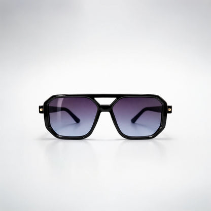 Gafas de sol de estilo aviador geométrico Miami Beach con montura gruesa negra y lentes en degradado violeta azul.
