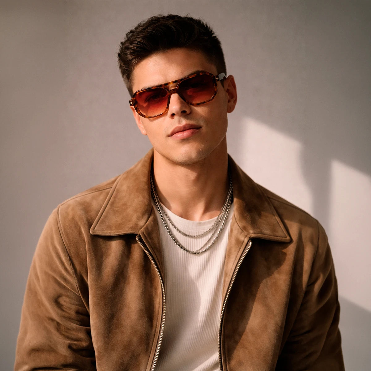 Gafas de sol de estilo aviador geométrico Miami Heat con montura gruesa de carey y lentes marrón degradado.
