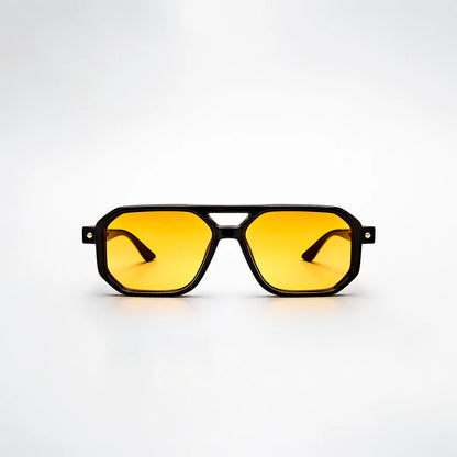 Gafas de sol de estilo aviador geométrico Miami Sunset con montura gruesa negra y lentes amarillo naranja.
