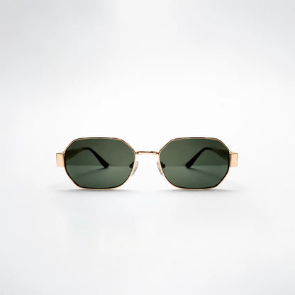 Gafas de sol geométricas Monaco Olive con montura metálica fina dorada y lentes en tono verde oliva.
