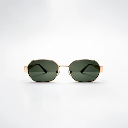 Gafas de sol geométricas Monaco Olive con montura metálica fina dorada y lentes en tono verde oliva.