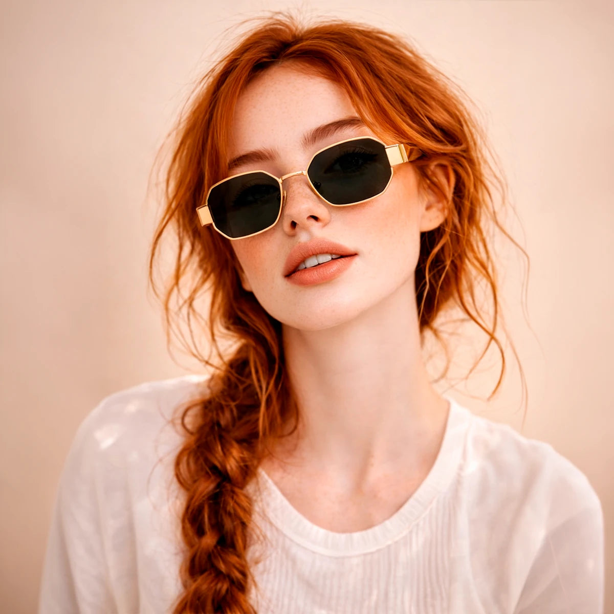 Gafas de sol geométricas Monaco Olive con montura metálica fina dorada y lentes en tono verde oliva.