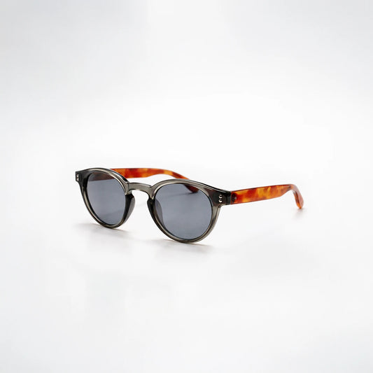 Gafas de sol redondeadas Paris Noir con montura negro translúcido, patillas de carey ámbar y lentes gris oscuro.
