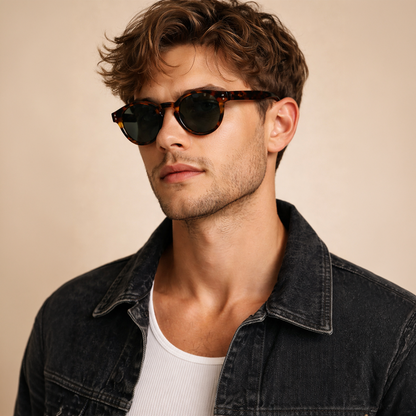 Gafas de sol redondeadas Paris Tortoise con montura en carey oscuro de diseño atemporal y lentes de sol gris oscuro.
