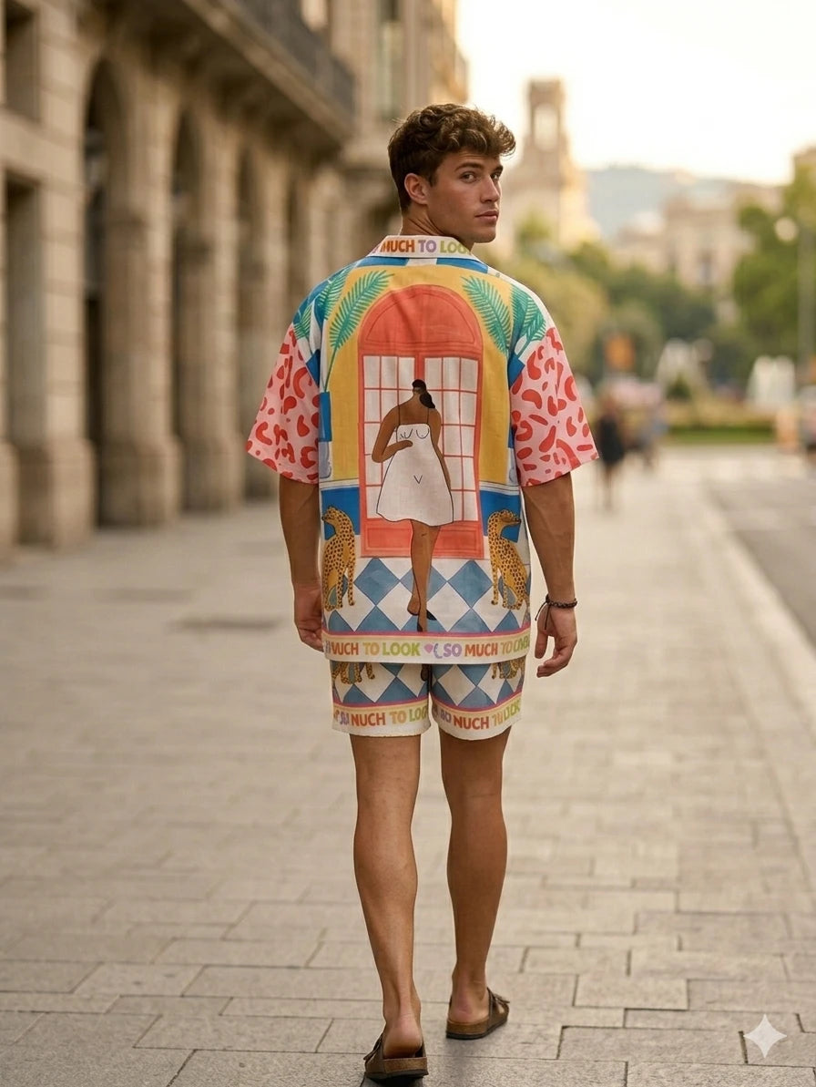 Set oversized estilo resort con arte contemporáneo y colores vibrantes. Diseño único con langostas y motivos mediterráneos. ¡Eleva tu estilo veraniego en Badhabitsx!