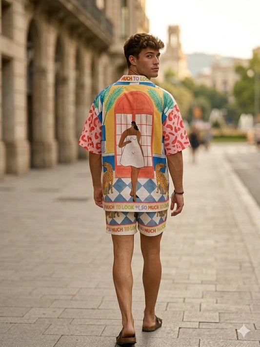 Set oversized estilo resort con arte contemporáneo y colores vibrantes. Diseño único con langostas y motivos mediterráneos. ¡Eleva tu estilo veraniego en Badhabitsx!