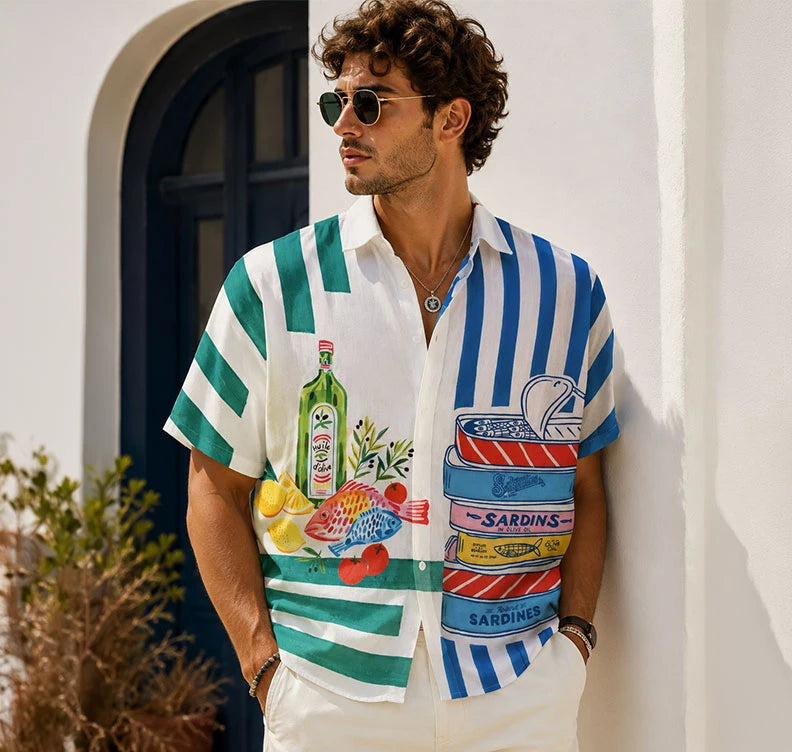 Camisa oversized con diseño retro de sardinas, aceite de oliva y rayas. Estilo coastal, divertido y sofisticado para tus aperitivos frente al mar. ¡Cómprala en Badhabitsx!