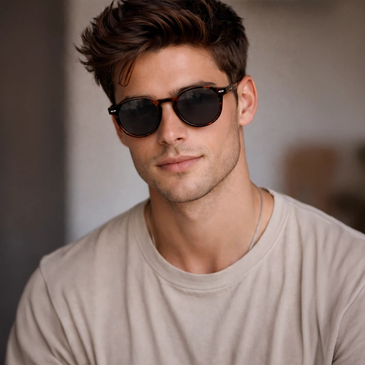 Gafas de sol redondeadas Rome Smoke con montura de carey oscuro y lentes en color gris humo.