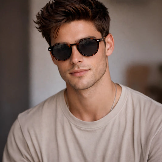 Gafas de sol redondeadas Rome Smoke con montura de carey oscuro y lentes en color gris humo.