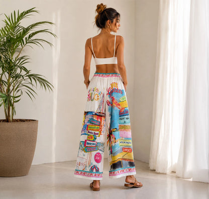 Pantalón de silueta fluida con estampado de rayas en rosa y coral. Diseño retro inspirado en el verano mediterráneo. ¡Compra tu estilo único en Badhabitsx!
